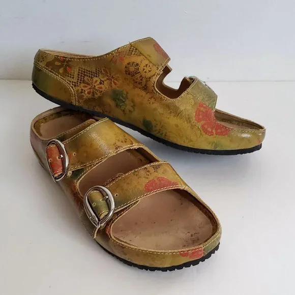 Boho ARAVON Slides Genuine Leather Mustard Floral sandal Slip-on Sandal Flats - Picture 4 of 16